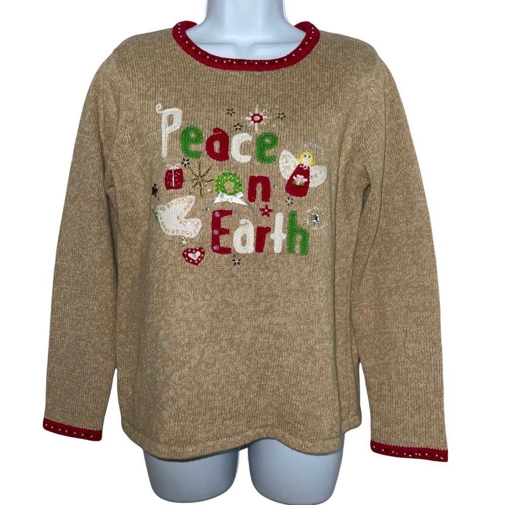 Tiara International Vintage Peace on Earth Ugly Holiday Christmas Sweater M